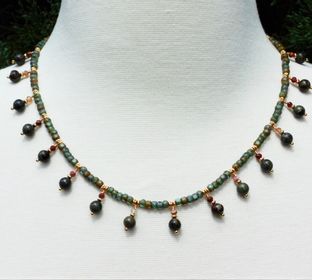 J. Nielsen  Czech Trica Glass Beads with Bloodstone and Carnelian Dangles