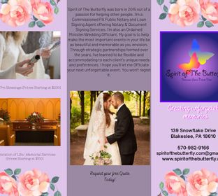 Mobile Notary Priest Officiant Wedding Ceremonies Elopement Memorial Services LGBTQ Ceremonies Vow Renewals Wiccan Weddings Hand Fasting Baptisms / Baby Blessings Couples Counseling Rehearsals House & Pet Blessings Notary Public Signing Agent